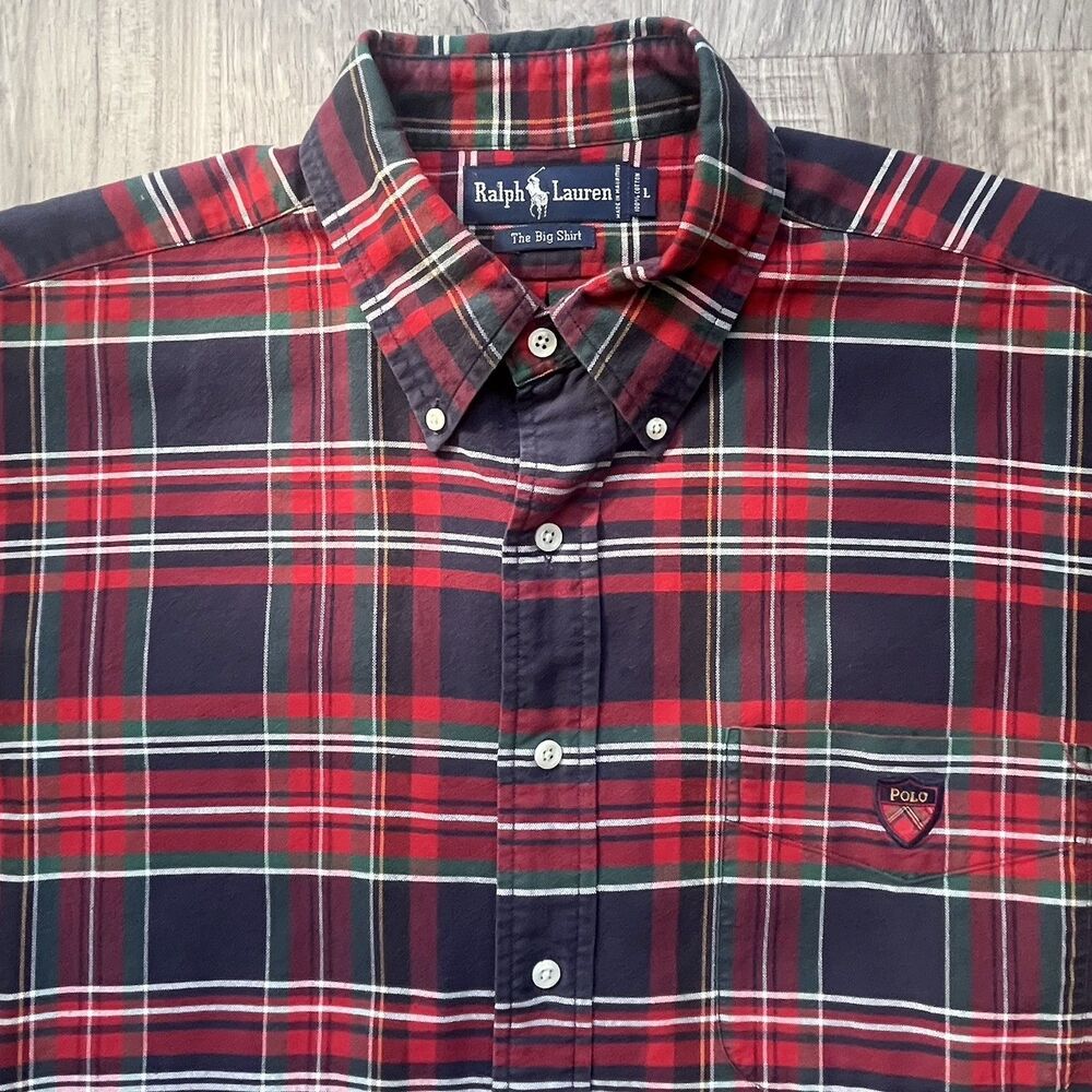 Vintage 90s Polo Ralph Lauren Mens Large The Big Shirt Tartan Plaid Flannel